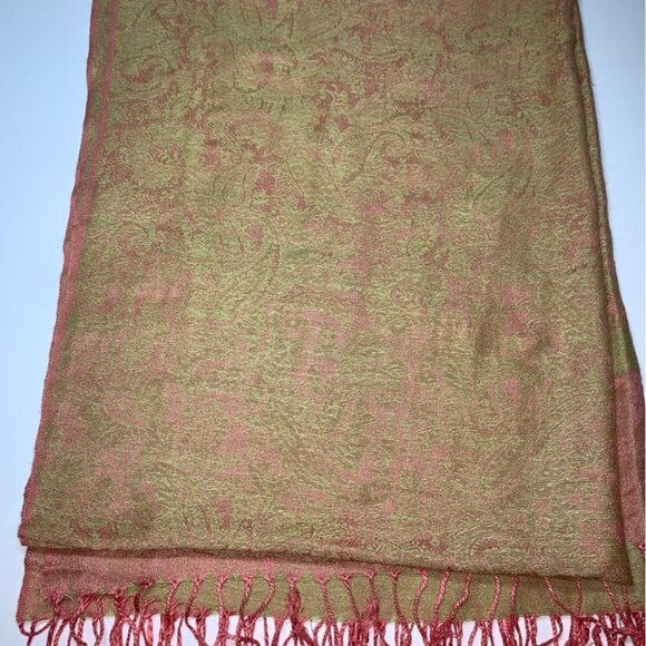 Pashmina Silk Scarf Coral Orange Gold Yellow Fringe Long‎ Lightweight - Picture 8 of 9